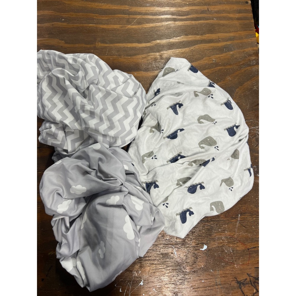 Set of 3 Baby Crib Bassinet Sheets Gray Chevron White Cloud Blue Nursery Bedding